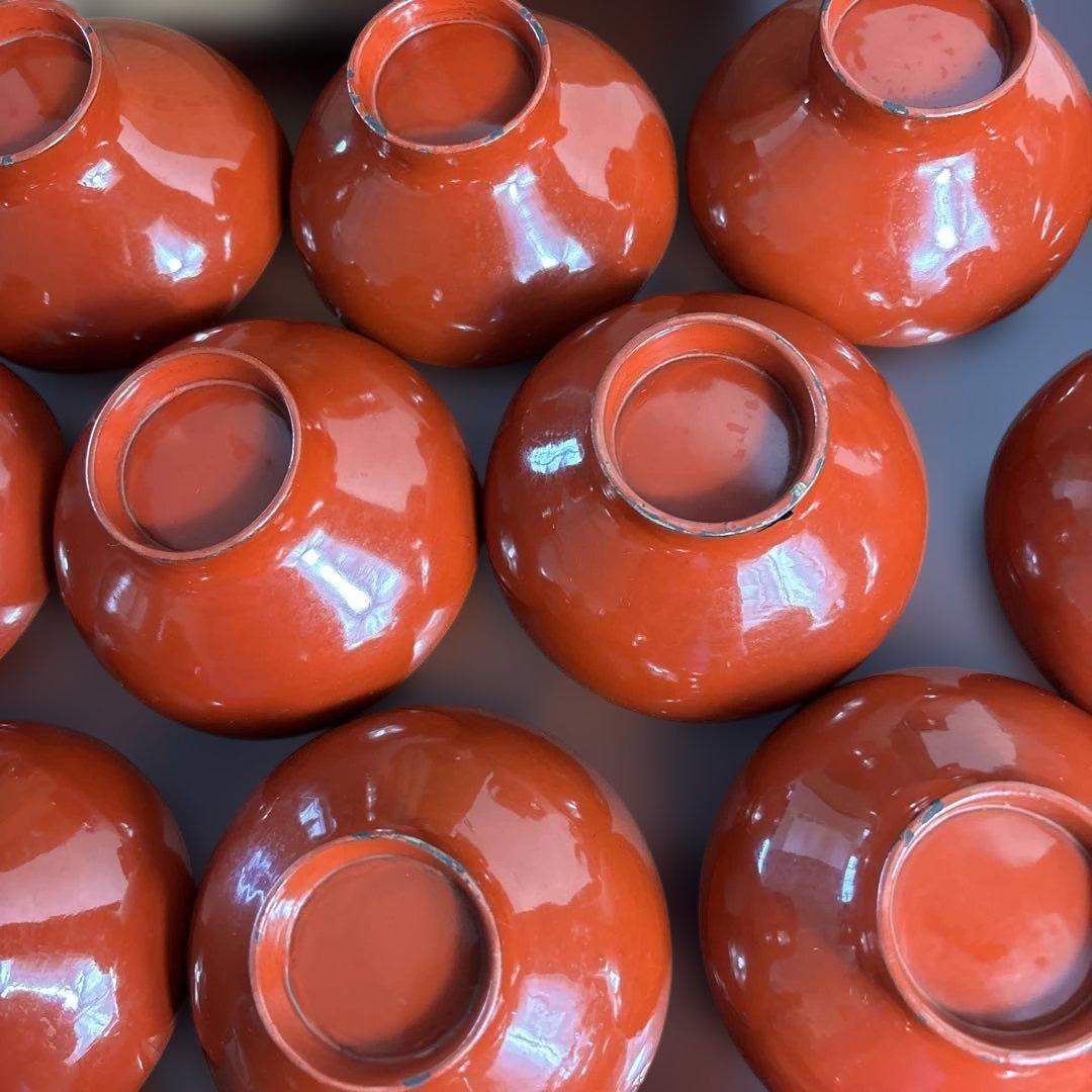 漆器 赤色 金箔装飾 絵変わり和歌 椀 10客セット 共箱