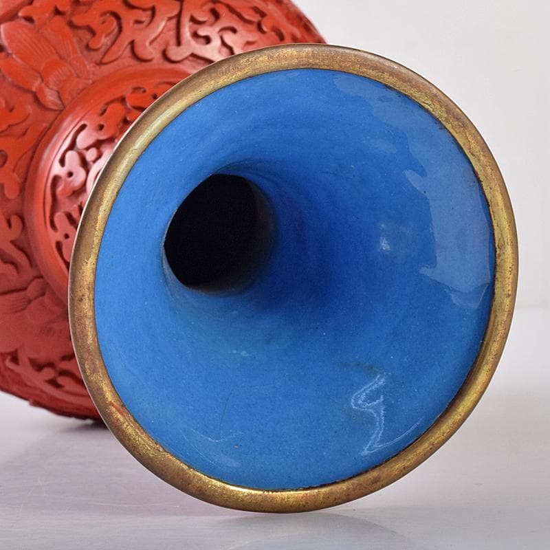 中国　剔紅　堆朱　内七宝　花文瓶　V　R7912