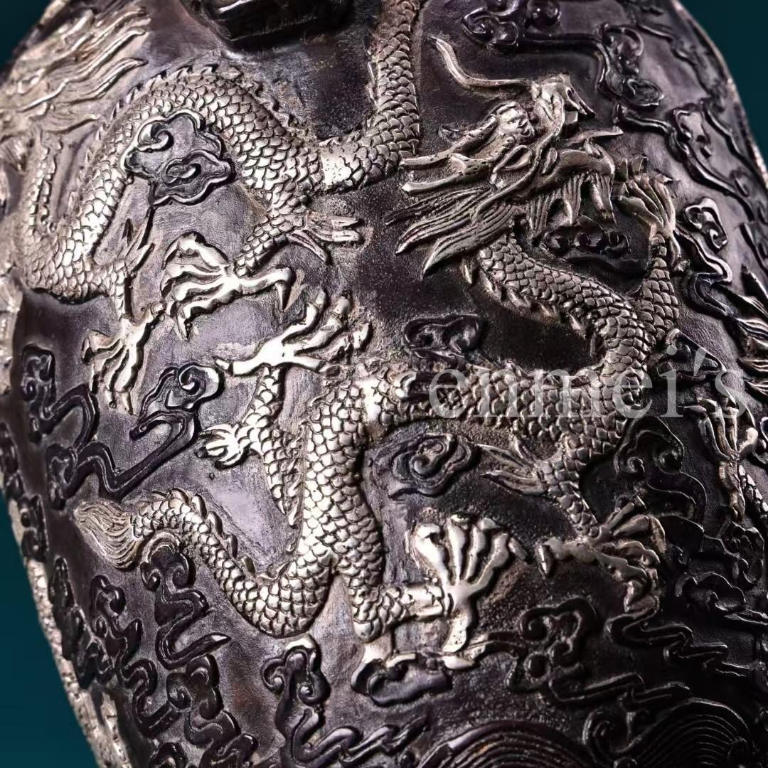 中国古美術・旧蔵・純銅鎏銀盤龍の花瓶・鏨刻・置物・純手彫り・禮品・文房具・賞物