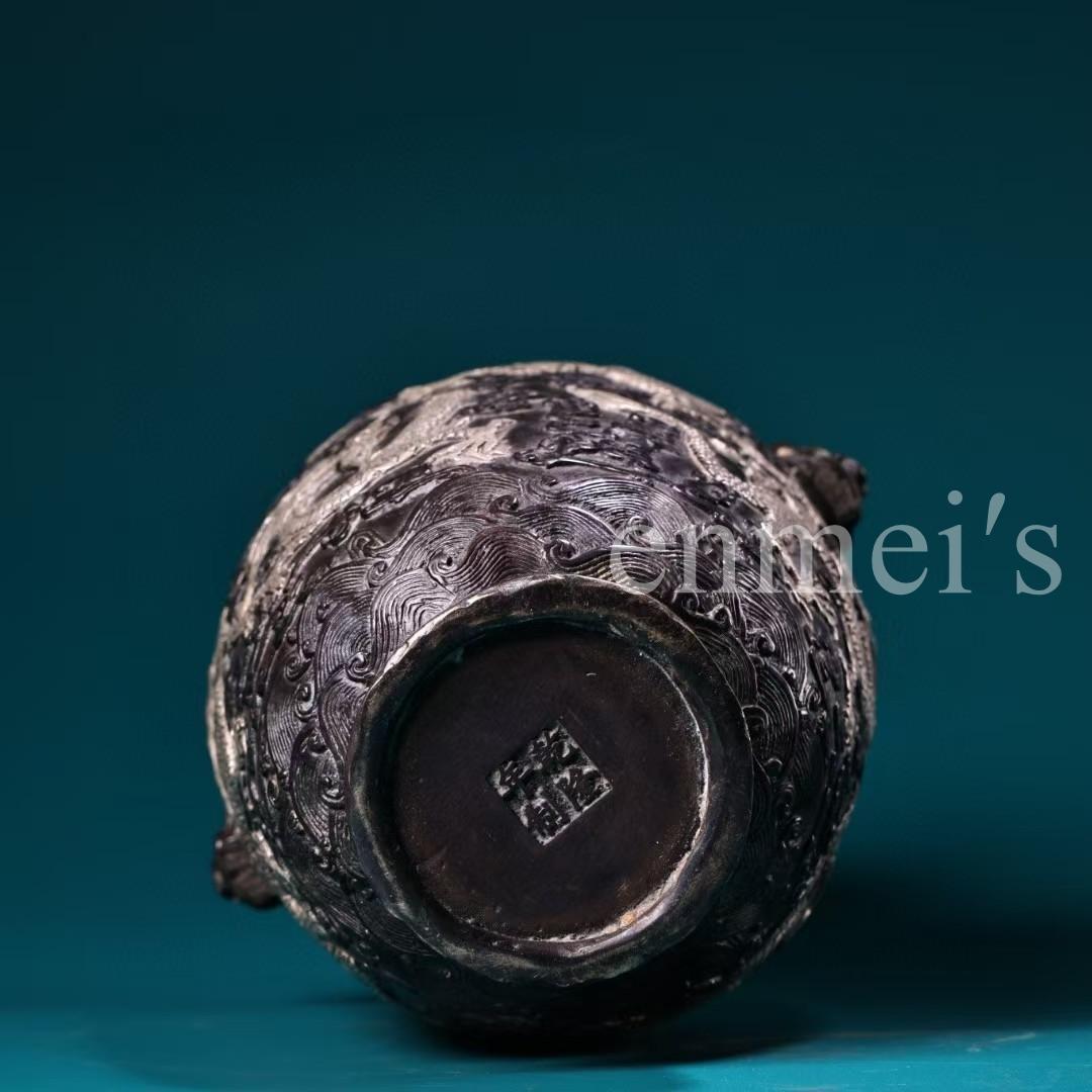 中国古美術・旧蔵・純銅鎏銀盤龍の花瓶・鏨刻・置物・純手彫り・禮品・文房具・賞物