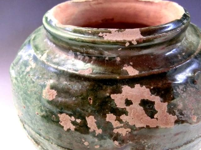 壷■緑釉 丸壺 古い花瓶 オブジェ 土器 須恵器 古玩 唐物 中国 時代物 骨董
