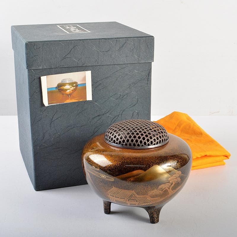 専用　輪島塗　山水蒔絵　三足香炉　純銀火屋　約61g　H　R5626