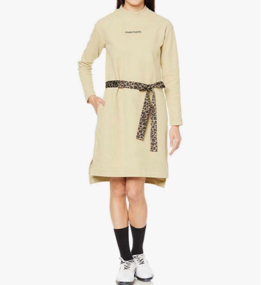 パーリーゲイツ　レオパード柄　長袖　モックネック　ワンピース　ベージュ　春秋