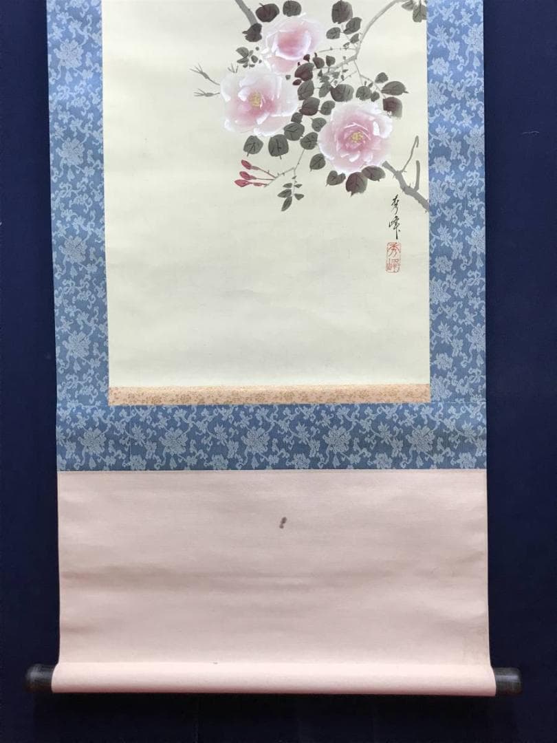 【真作】秀峰/薔薇に雀図/バラ図/雀図/花鳥図/掛軸/名家伝来/AC-772