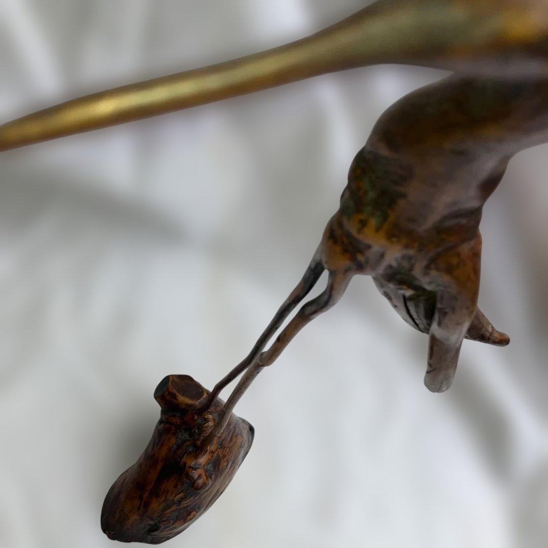 (467)アンティークな木製の鶴と亀さんの枝のアート