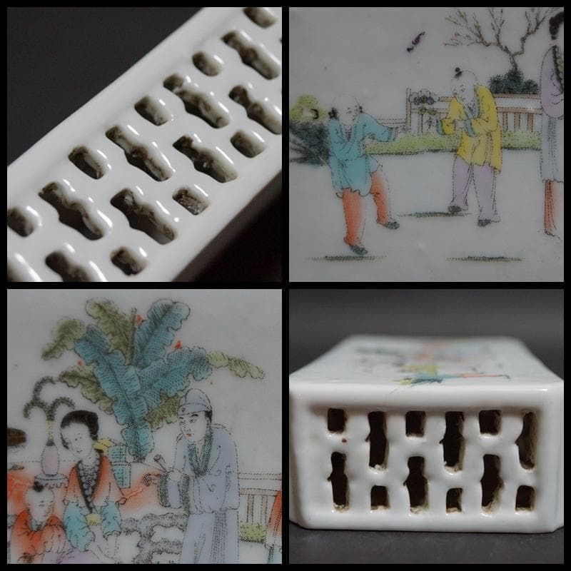 書道具 粉彩色絵『人物風景図』透かし彫り文鎮 文房具 飾り置物★時代物★