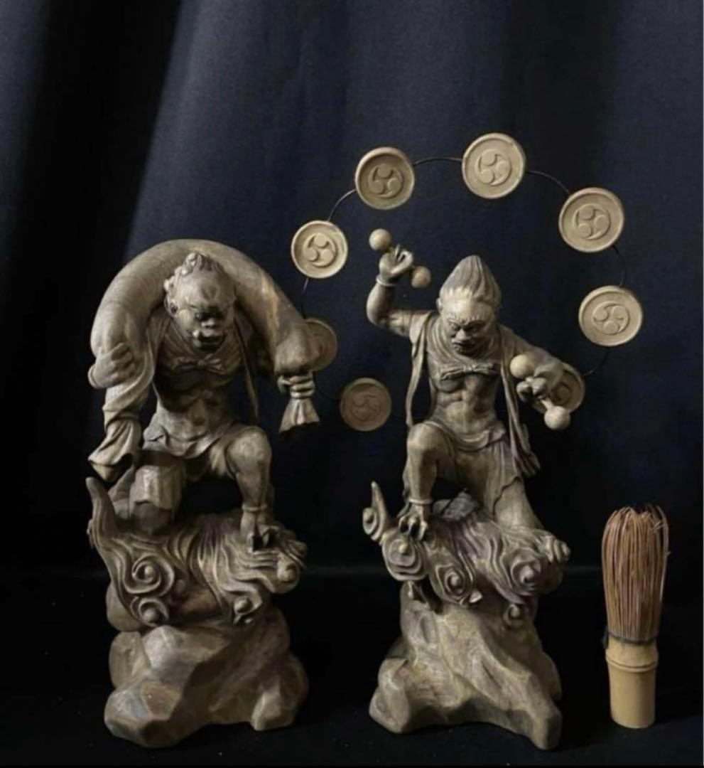 総楠材　高27cm 最大32cm 木彫仏教　仏師で仕上げ品　風神雷神図一式