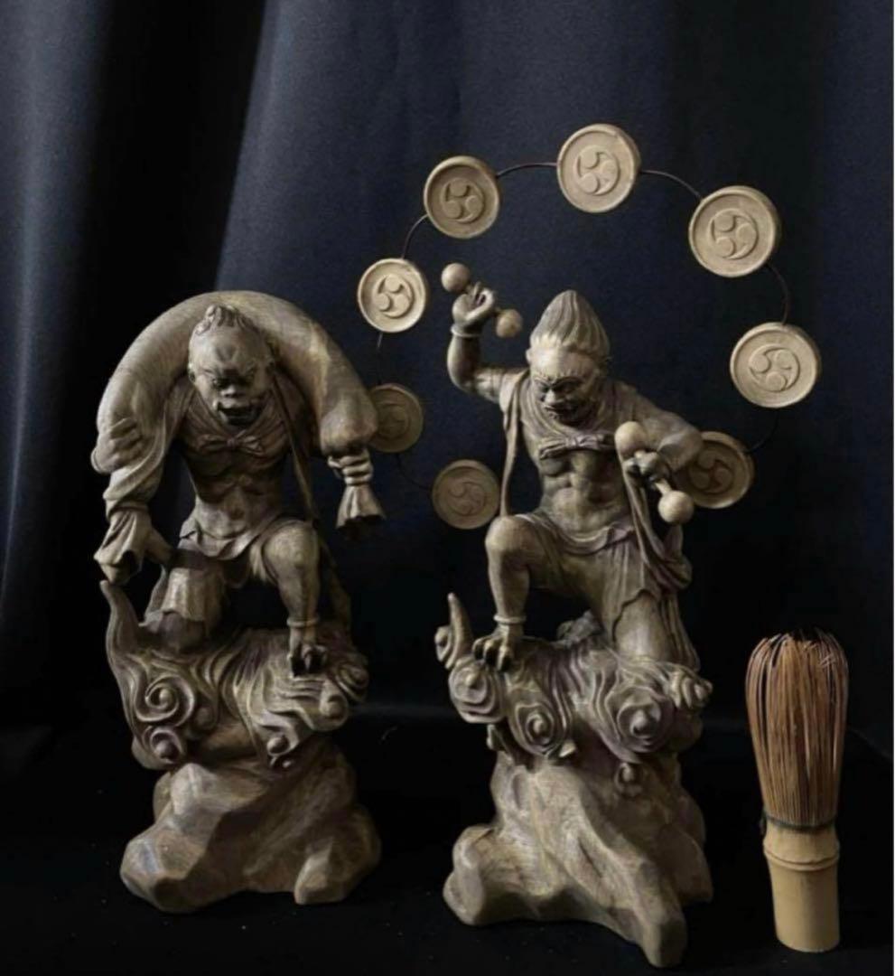 総楠材　高27cm 最大32cm 木彫仏教　仏師で仕上げ品　風神雷神図一式