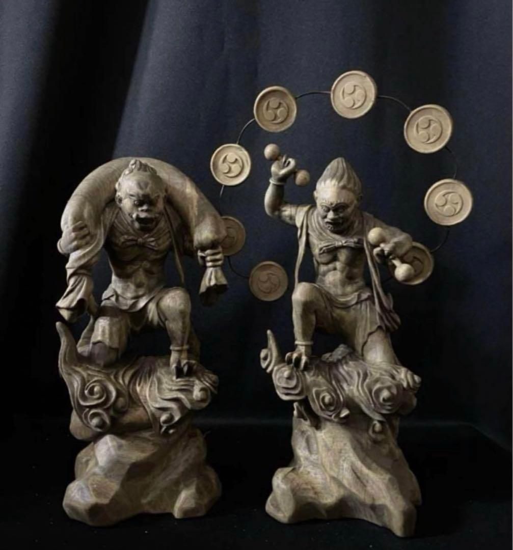 総楠材　高27cm 最大32cm 木彫仏教　仏師で仕上げ品　風神雷神図一式