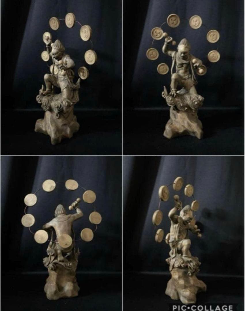 総楠材　高27cm 最大32cm 木彫仏教　仏師で仕上げ品　風神雷神図一式