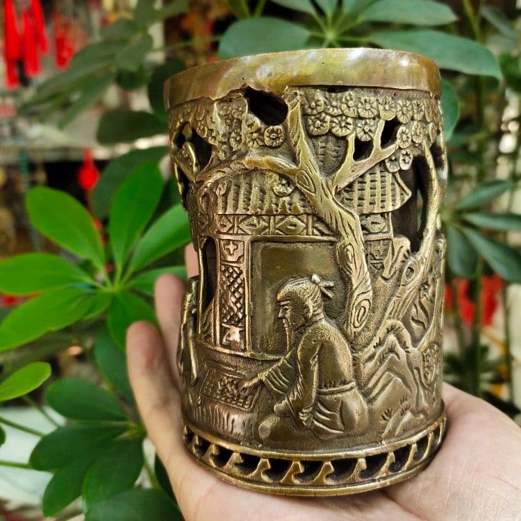 銅器 二重透かし彫りの筆箱 書道具 文房具 工芸品 美術品 置物