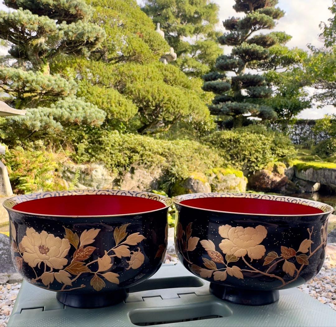 美品　漆塗り　会津塗り　茶碗　龍2客セット