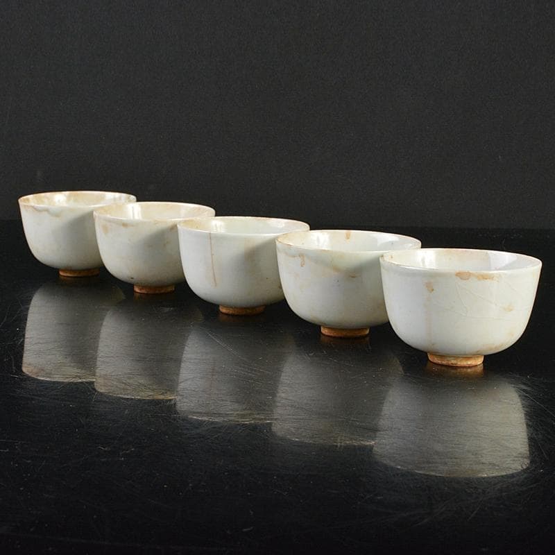 中国　大明成化年製款　青花　煎茶碗　五客　古竹　崇菊銘　碗筒付　D　R6835