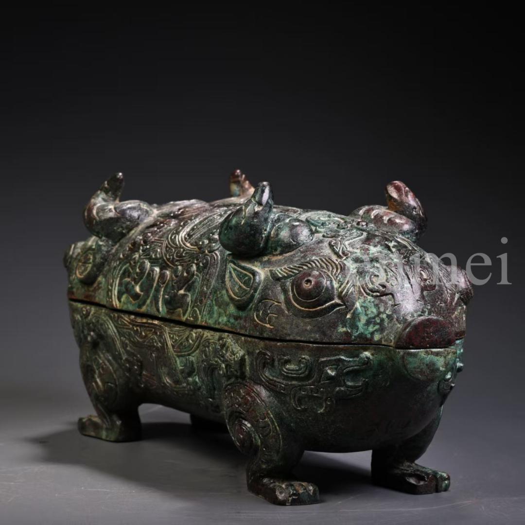 中国古美術・珍品旧藏・青銅器 豚形 食盒 蓋物 香炉 彫刻文様・置物・風水開運