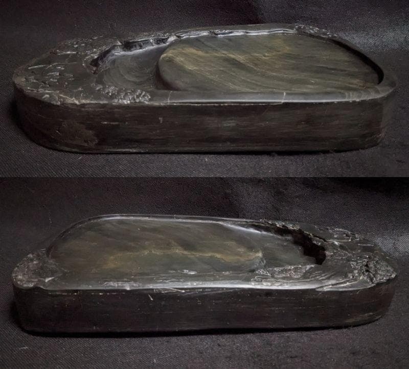 【歙州硯　松竹文特大楕硯】◆金暈金星・水波紋の美石◆12吋超◆唐木塗箱◆龍尾山