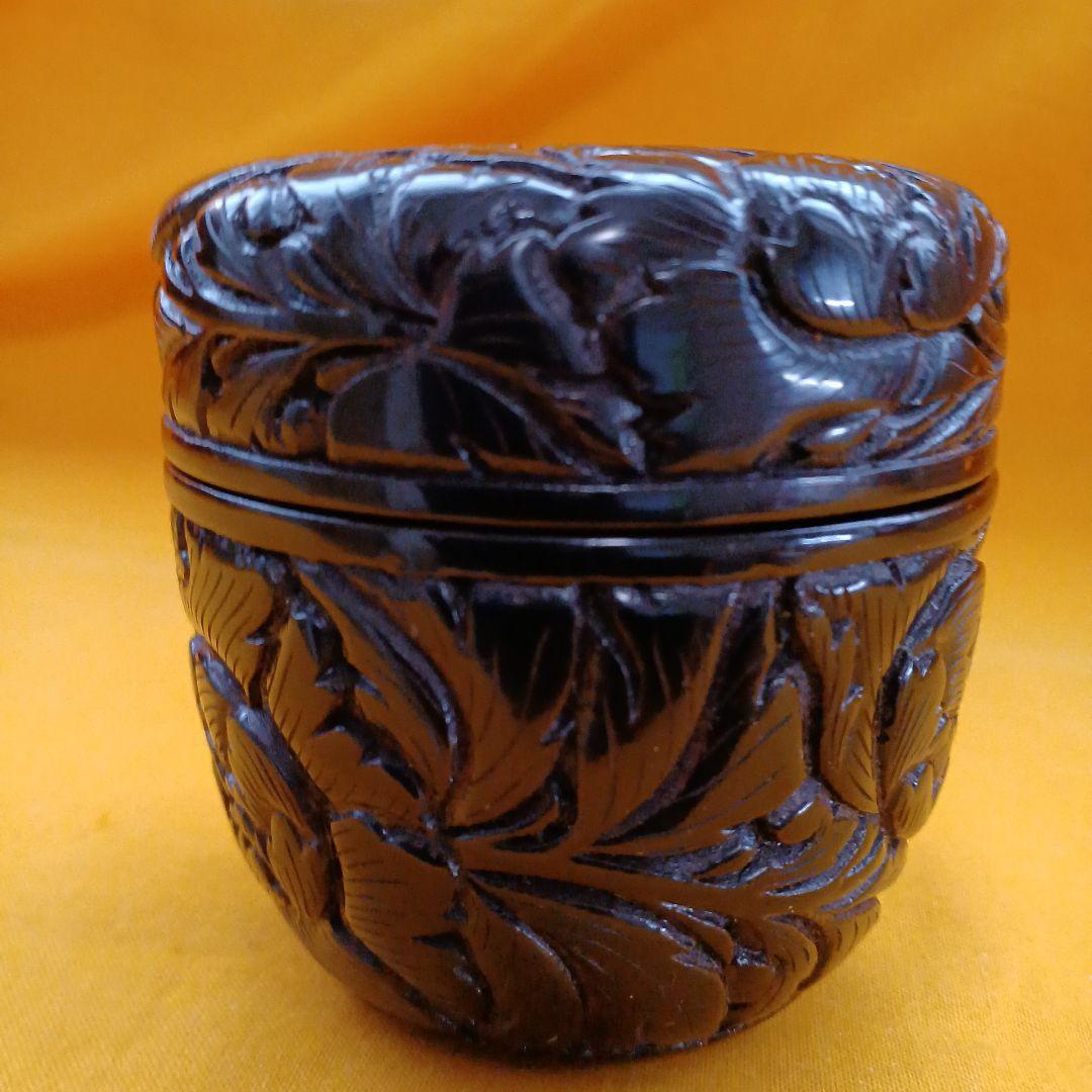 伝統工芸 桐箱入り　村上　木彫り　堆朱　堆黒　棗　牡丹 唐草 模様