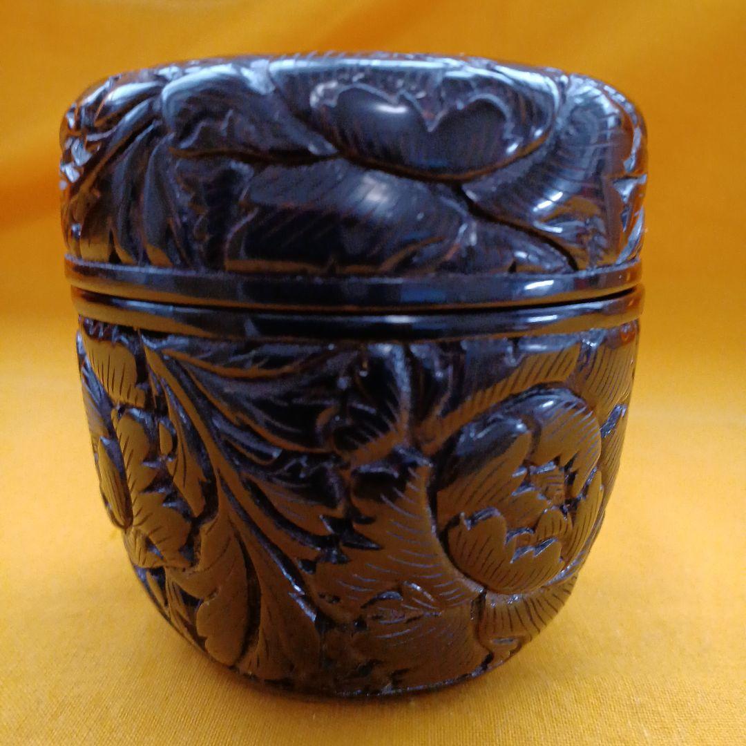 伝統工芸 桐箱入り　村上　木彫り　堆朱　堆黒　棗　牡丹 唐草 模様