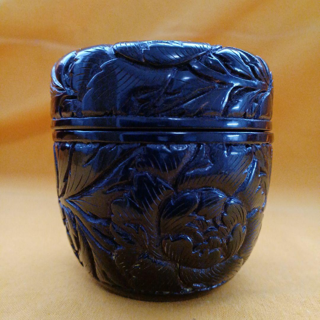 伝統工芸 桐箱入り　村上　木彫り　堆朱　堆黒　棗　牡丹 唐草 模様