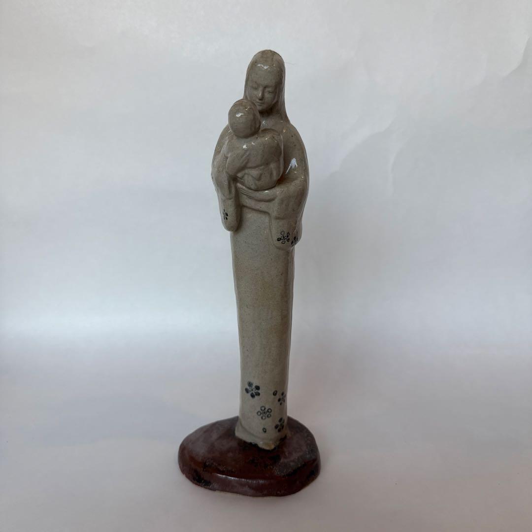 陶器製 母子像 グレー 花模様