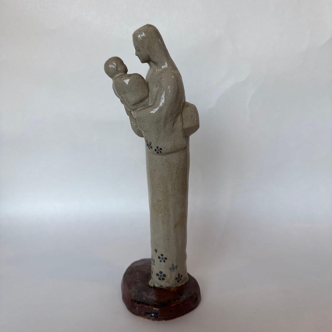 陶器製 母子像 グレー 花模様