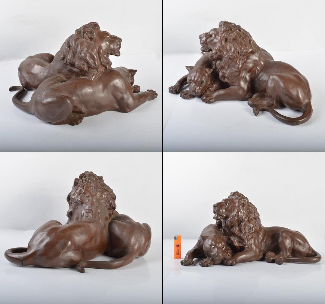 彫刻家　石崎秀峰作　ブロンズ像　夫婦獅子　重さ約17.8㎏　F R4435C