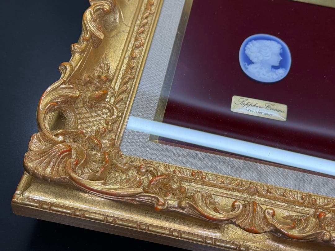 西ドイツ製 ストーンカメオ サファイアカメオ 貴婦人 彫刻 古径額装付