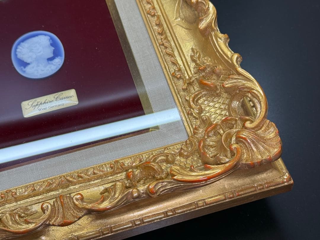 西ドイツ製 ストーンカメオ サファイアカメオ 貴婦人 彫刻 古径額装付