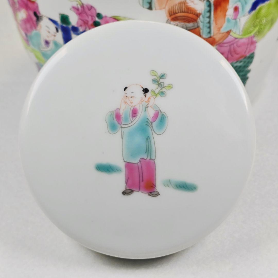 舶来品 中国古磁 五彩 手絵 麒麟天官送子図 大型 姜缶 人頭缶 清同治在銘