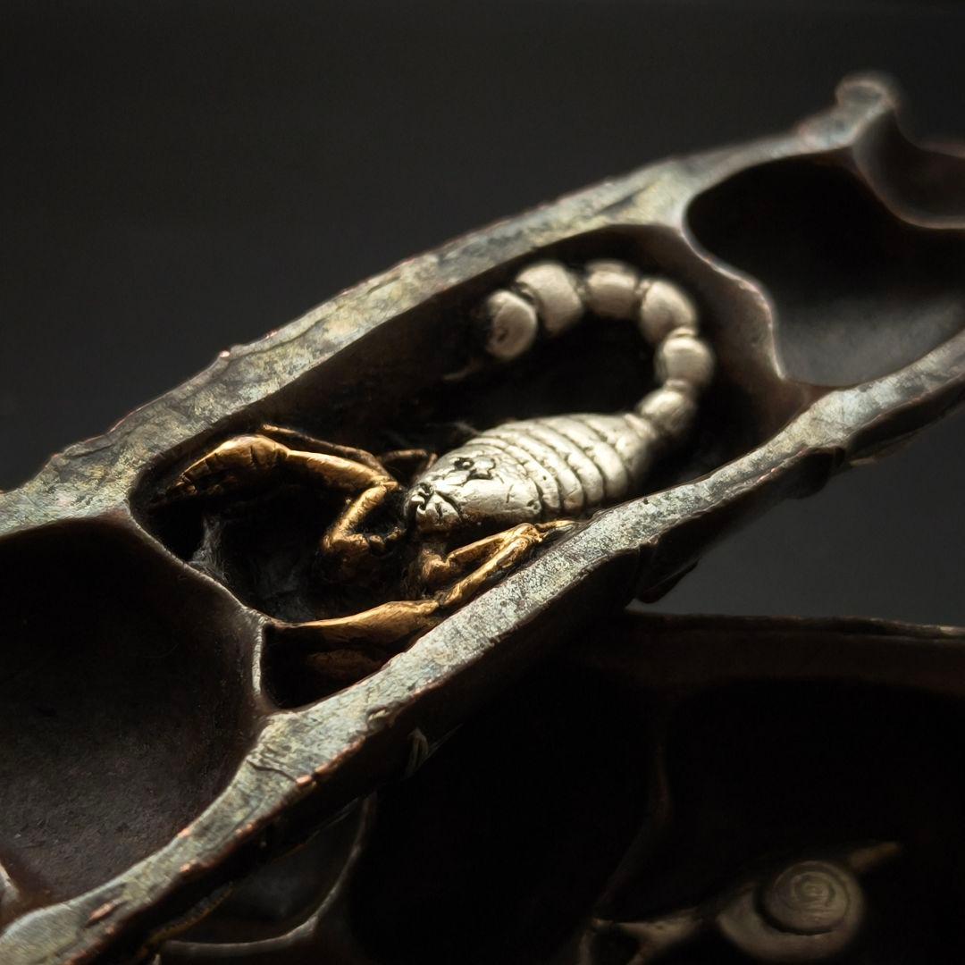 銅製鎮紙　文鎮　夏虫の図　鎮尺　金工師　金工品　絵金銀　竹形　インテリア置物