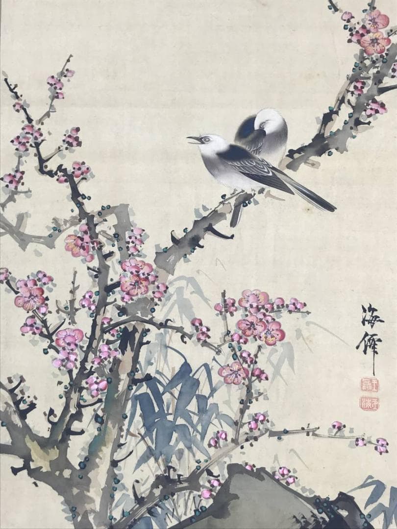 【真作】小田海僊/寿星花鳥図/三幅対/花鳥図/人物図/掛軸☆宝船☆AD-447