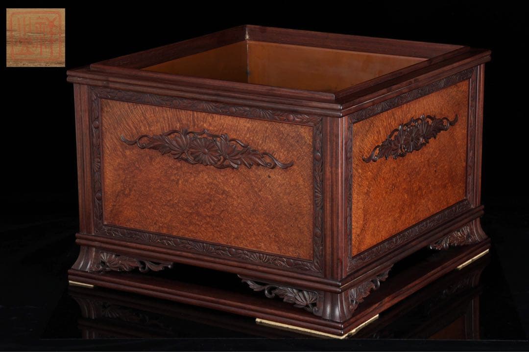 唐木細工師【阿達祥山】 玉葡萄紫檀草飾四方形 火鉢 幅43.5cm 瓶掛 囲炉裏