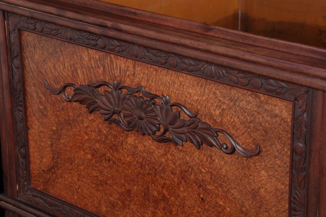 唐木細工師【阿達祥山】 玉葡萄紫檀草飾四方形 火鉢 幅43.5cm 瓶掛 囲炉裏