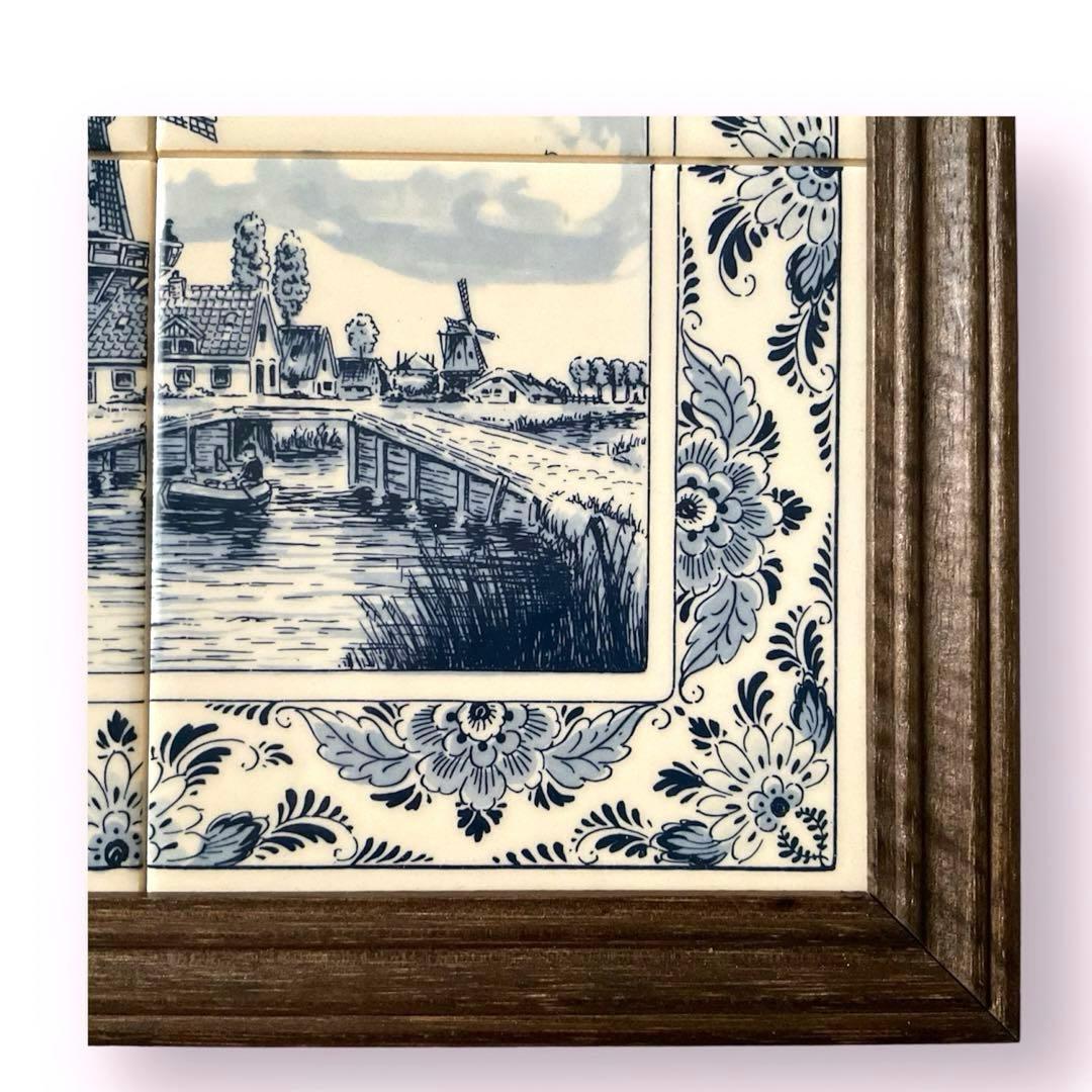 オランダ　タイル　風景画　風車　壁掛け　ハンドペイント　デルフトブルー