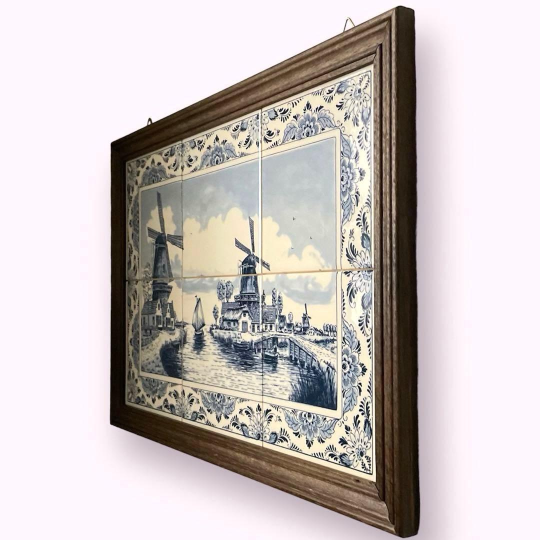 オランダ　タイル　風景画　風車　壁掛け　ハンドペイント　デルフトブルー