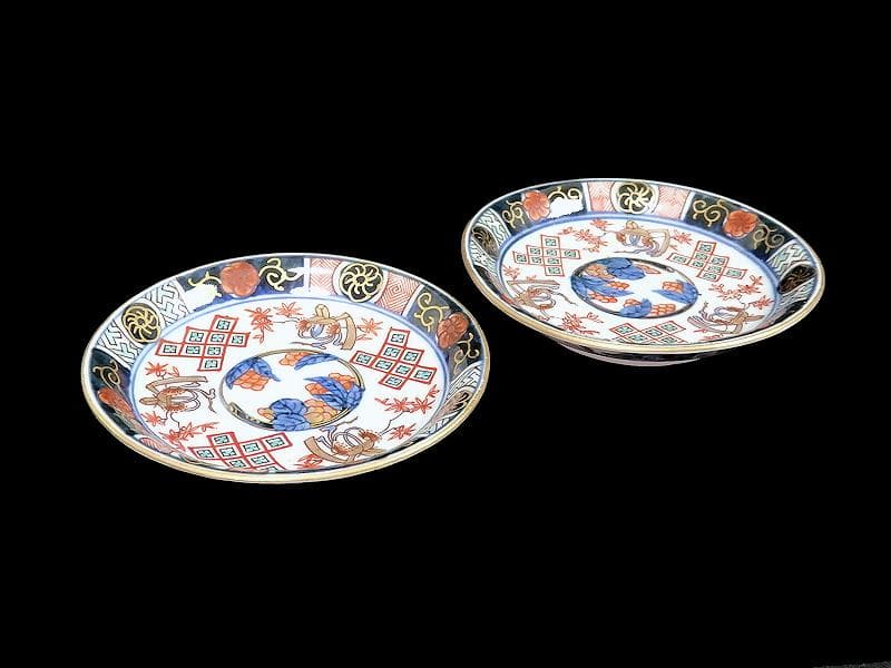 古伊万里　金襴手　烏帽子に紅葉の図　豆皿　手塩皿　２枚　E201AS-CPw