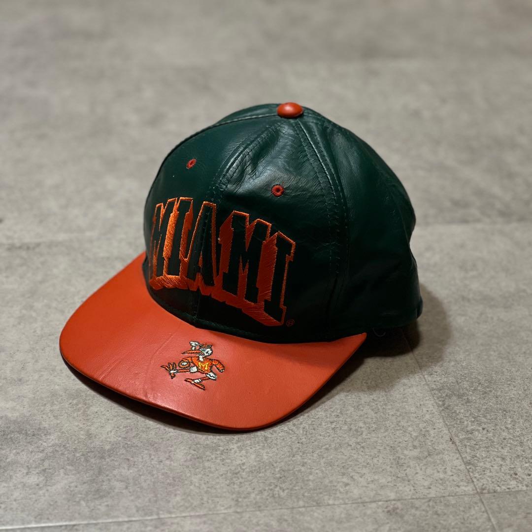 激レア90sMIAMIハリケーンズ｜オールレザーキャップ革ツートン韓国製１点もの