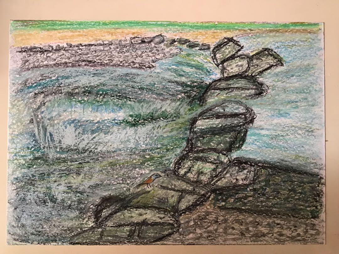 川岸にいる鳥　パステル画