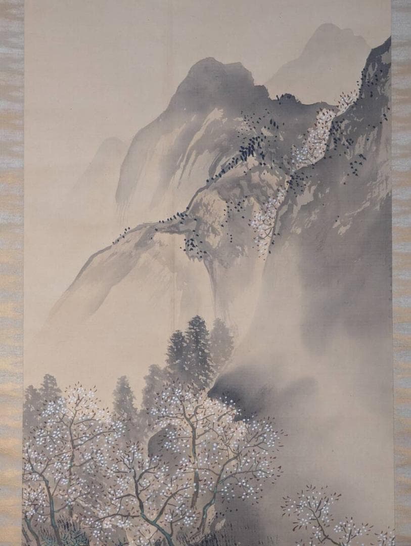 【真作】掛軸　福井江亭　春景山水図　花咲く山間の幽境　共箱入　S167