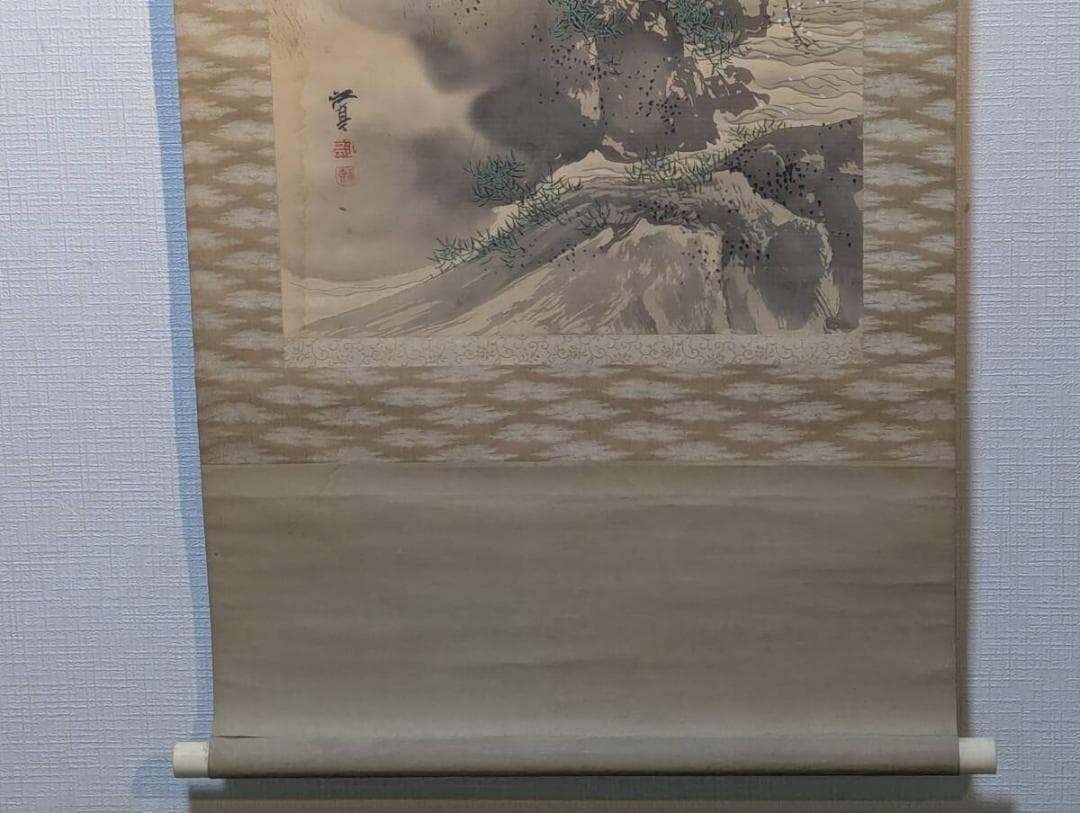 【真作】掛軸　福井江亭　春景山水図　花咲く山間の幽境　共箱入　S167