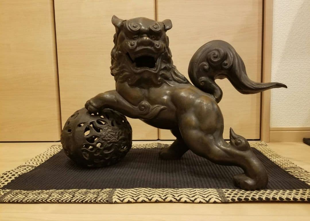 昭和レトロ 大型 鉄製 金属工芸 玉乗り獅子 玉獅子 鋳物 狛犬 置物 オブジェ