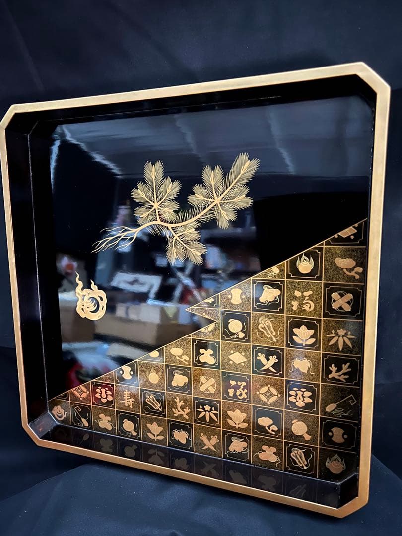 重ね盆　蒔絵　四角盆　共箱あり「福、寿」トレー お盆 和食器 レトロ お膳