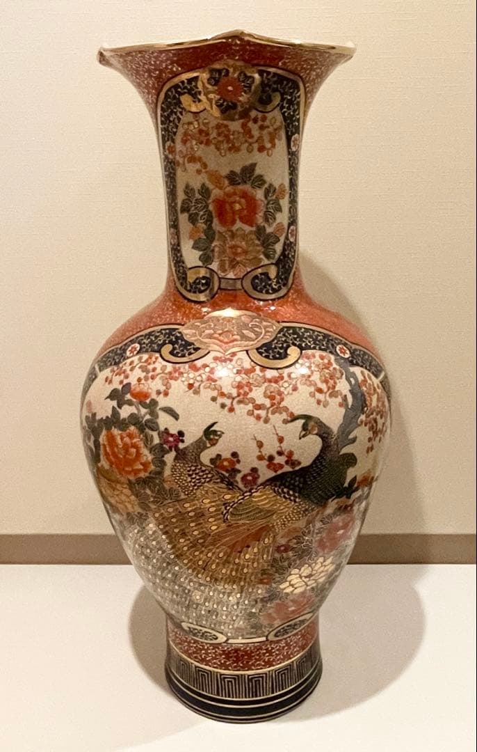 九谷焼 伊万里 陶月 梅牡丹孔雀獅子図金襴手 大花瓶 高さ約76cm
