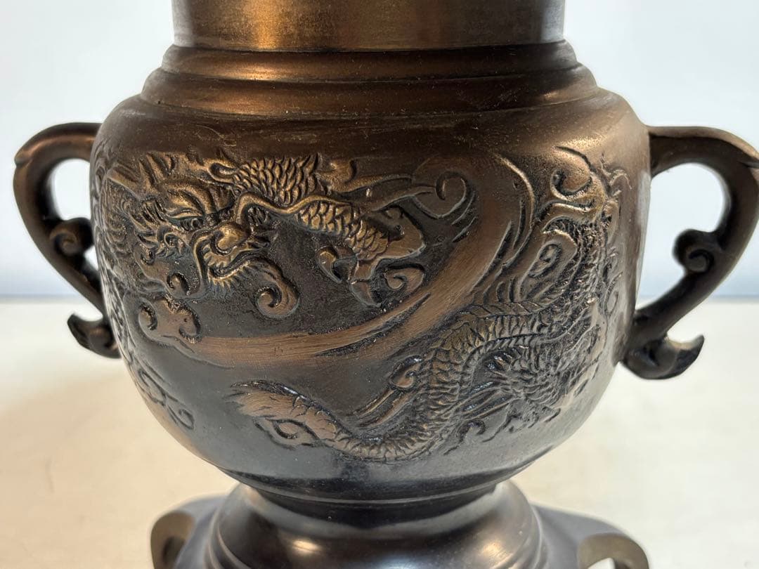 薄端 唐銅 龍 虎 模様　三脚　華道具　花器　茶道具　古道具
