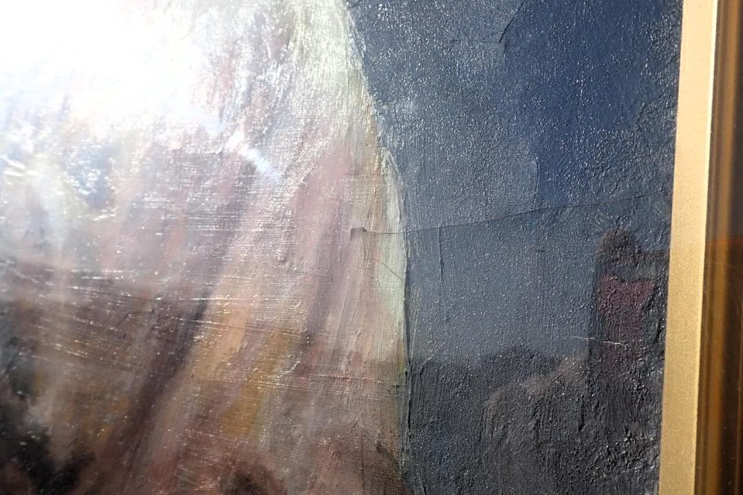 油絵 原画 人物画 署名あり（Sakai？）女性 竹細工 籠編み 額装