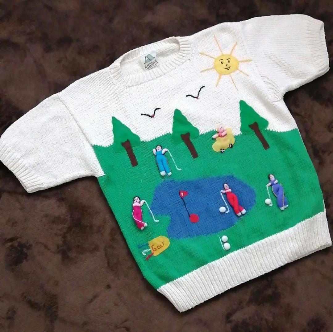 綿100%　半袖セーター　アップリケ、刺繍付き　GOLF　ゴルフ