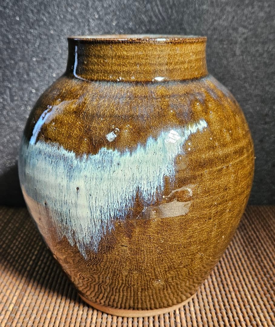 熊本　小代焼　伝統工芸士　井上泰秋作 小代海鼠釉　壺　花入れ　陶器　共箱　茶道具