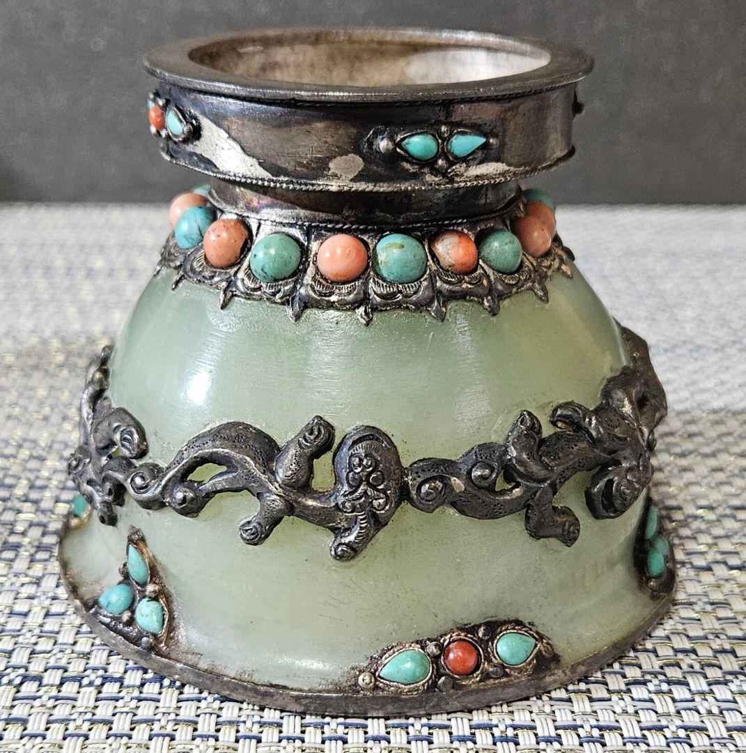 時代古作品❗中国古美術　大陸古美術　チベット古美術　銀彩龍飾り玉飾　酒杯　香炉