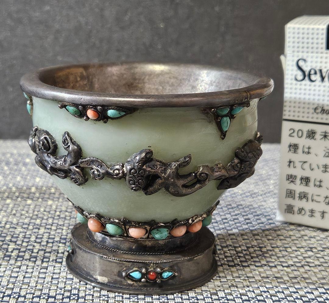 時代古作品❗中国古美術　大陸古美術　チベット古美術　銀彩龍飾り玉飾　酒杯　香炉