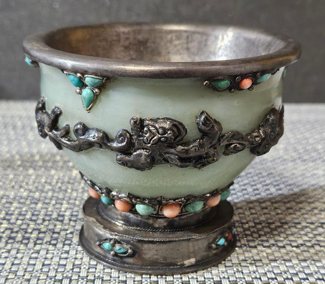 時代古作品❗中国古美術　大陸古美術　チベット古美術　銀彩龍飾り玉飾　酒杯　香炉