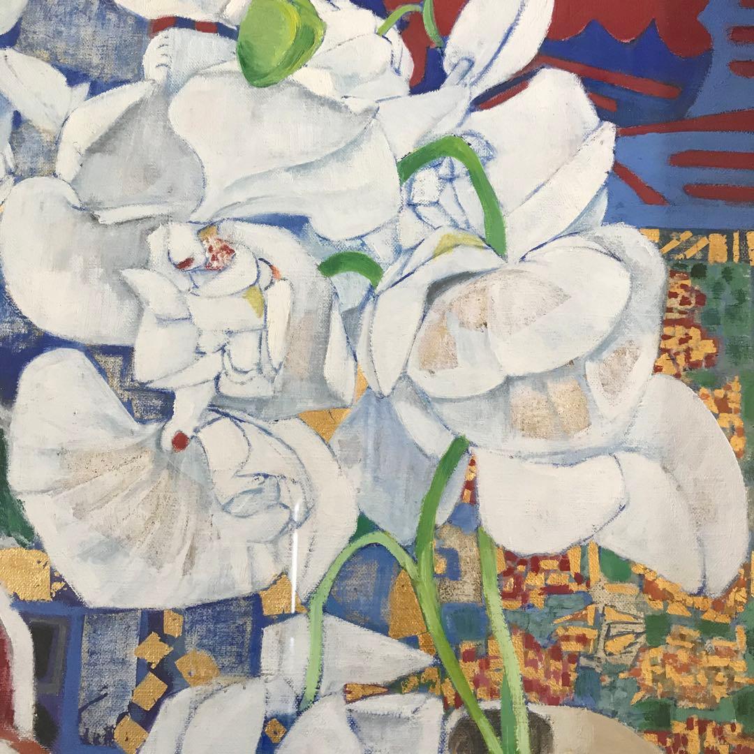 上河辺みち 油彩 「胡蝶蘭」額装 共シール 絵本挿絵画家 1974年 油絵 D